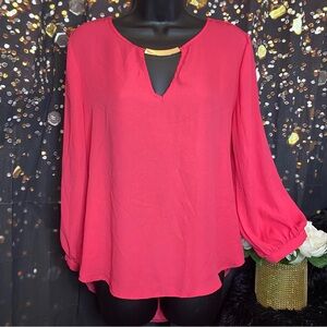 Lily White Hot Pink Blouse Size L Long Sleeves Gold Neckline Scoop Low Back